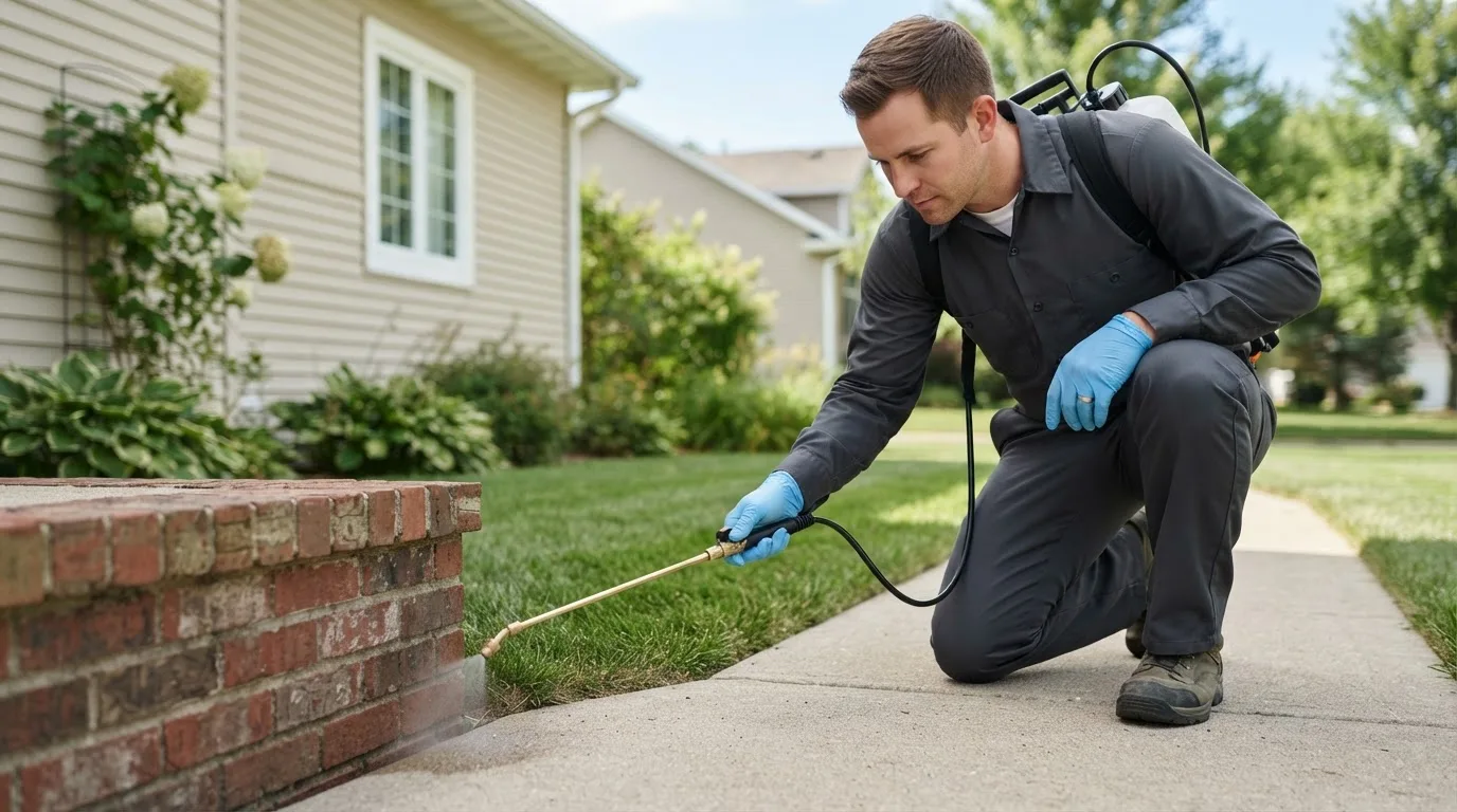Pest control technician treating a home near King Cove, AK